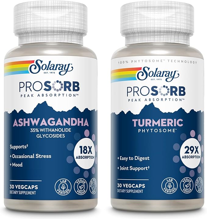 SOLARAY ProSorb Ashwagandha Supplements 18X Absorption and Turmeric Curcumin Supplements 29X Absorption Occasional Stress Mood and Joint Health Support Vegan 60-Day Guarantee 30 VegCaps