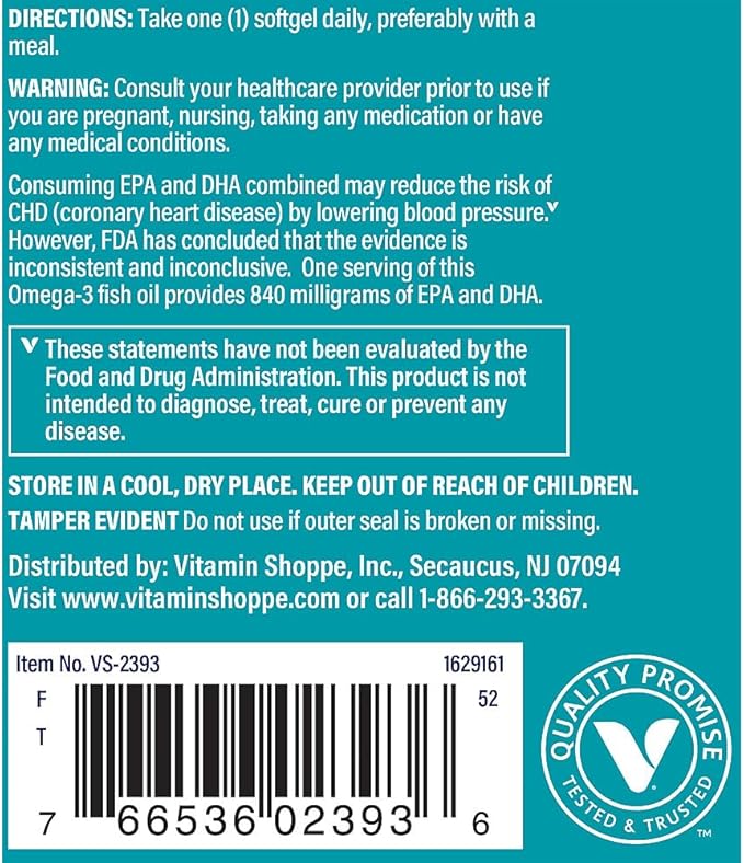 The Vitamin Shoppe Omega 3 Fish Oil 1100MG EPA DHA - Heart Health Brain Function &amp Joint Support Molecularly Distilled (60 Softgels)