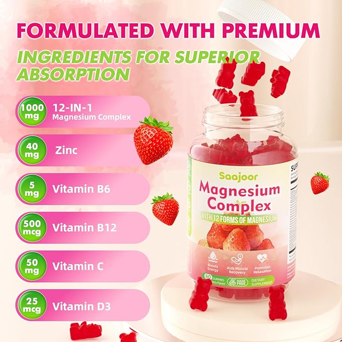 2 Pack Magnesium Complex Gummies – with 12 Forms of Magnesium (Citrate Glycinate Malate Oxide and More) Plus Vitamins B6 B12 and C. for Women and Men – Strawberry Flavor 120 Count