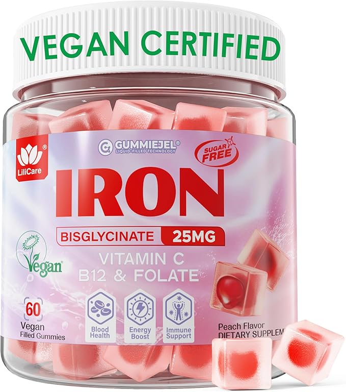 Iron Gummies for Women 25mg Plus Vitamin C Beet Root Vitamin B12 Folate for Iron Deficiency Anemia Energy Boost Sugar Free Iron Supplement Non-Constipating No After Taste 60 Cts
