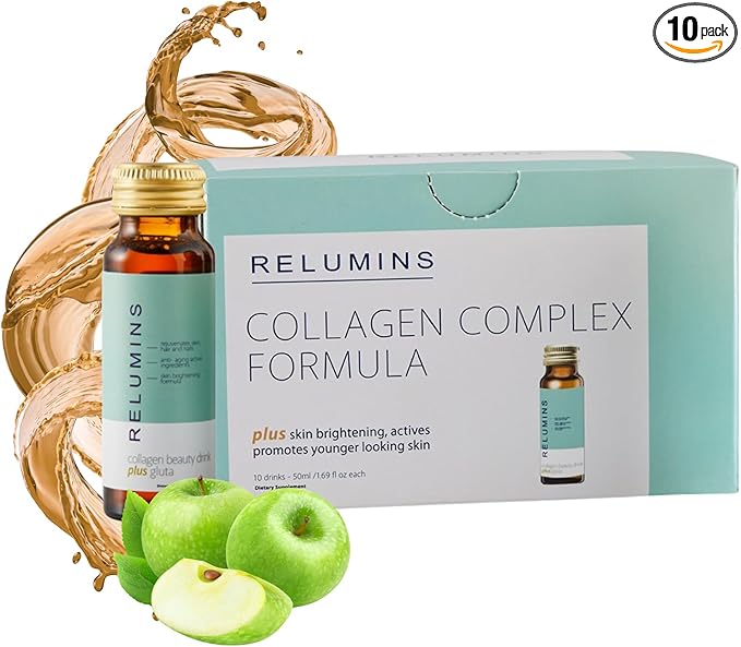 Relumins World's Most Advanced Collagen Drink - 10000mg w/Glutathione &amp Antioxidants | USA's No.1 Liquid Collagen Anti-Aging Spring Glow Essentials | Apple Flavor | Made in USA - 10 Bottles