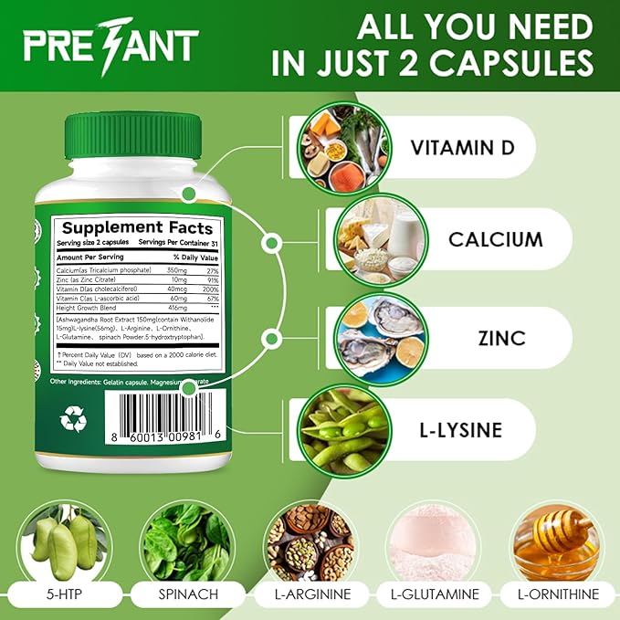 PRETANT-Ashwagandha Supplement Calcium Vitamin &amp Lysine - - Extra Strength Bone and Muscle Health Supplement 62 Count