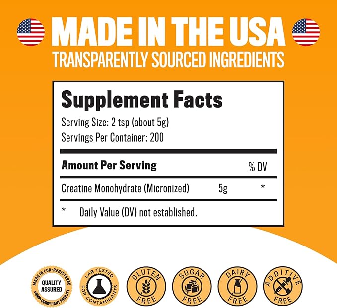 Micronized Creatine Monohydrate Powder 1kg (2.2lbs 200 Servings) - Bulk Creatine Powder Supplements 5g per serv Unflavored Third Party Tested Supports Muscle Strength for Men &amp Women
