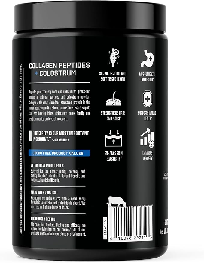 Jocko Fuel Collagen Powder with Colostrum – 15g Hydrolyzed Collagen + 2g First-Milking Colostrum – Dual Action for Gut Health Joint Support and Immune Defense – Recovery Supplement (30 Servings)