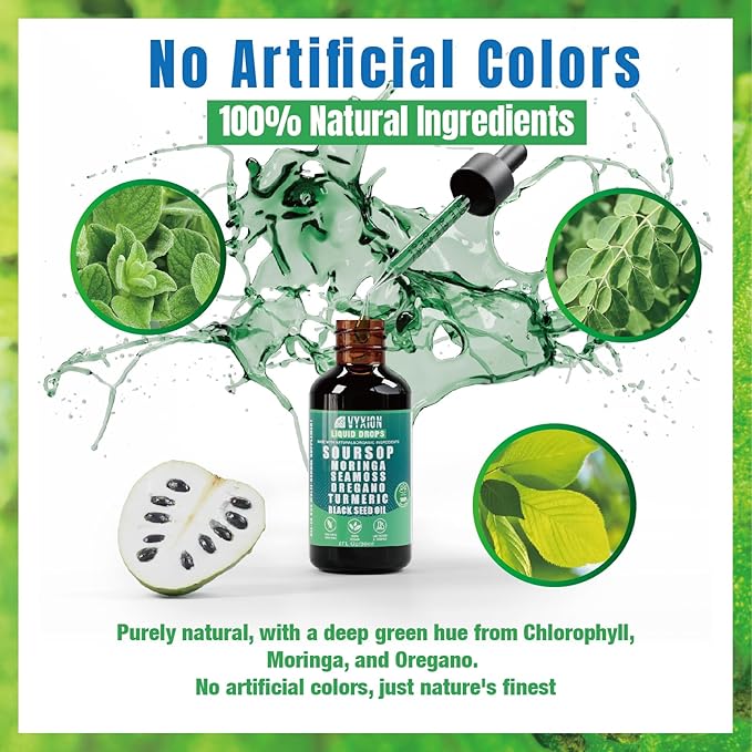Soursop Pure Liquid Drops 10 in 1 with Sea Moss Moringa Turmeric Black Seed Oil Oregano Ashwagandha | Herbal extracts for Overall Health | Vegan Non-GMO | 4 Fl Oz