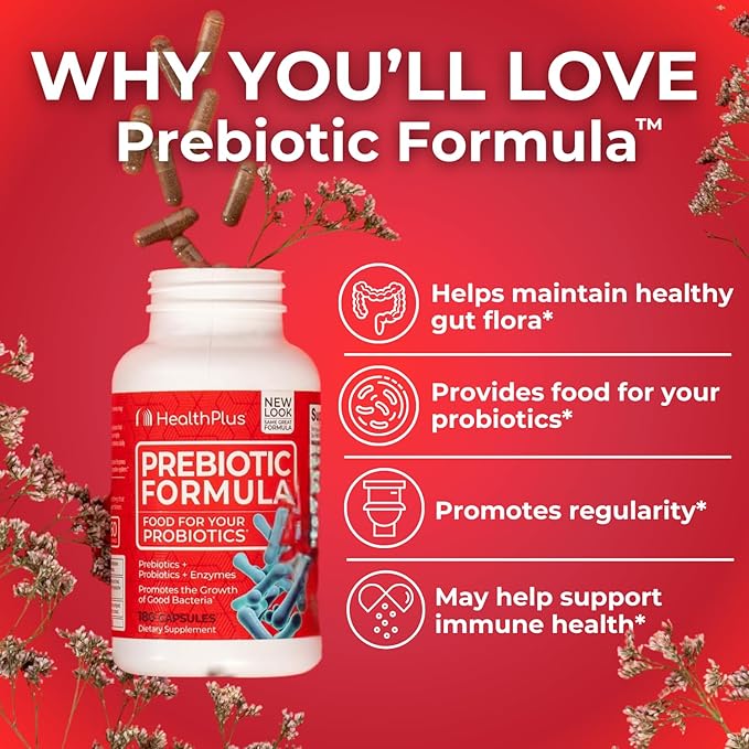 Health Plus Prebiotic Formula - Probiotics + Prebiotics + Digestive Enzymes - Gluten Free Dairy Free Natural Herbal Ingredients (180 Capsules 60 Servings)
