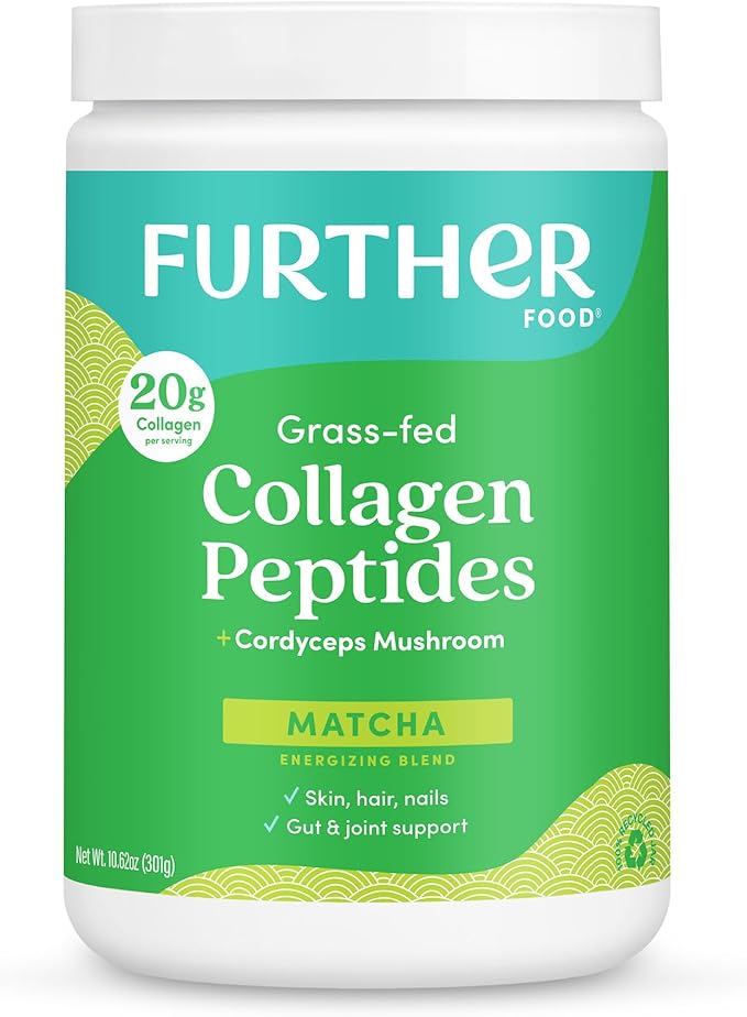 Further Food Matcha Collagen Peptides Powder - Organic Matcha &amp Cordyceps for All Day Energy Mental Clarity &amp Immunity &amp Premium for Gut Health Joints Skin Hair &amp Nails 10.62 oz