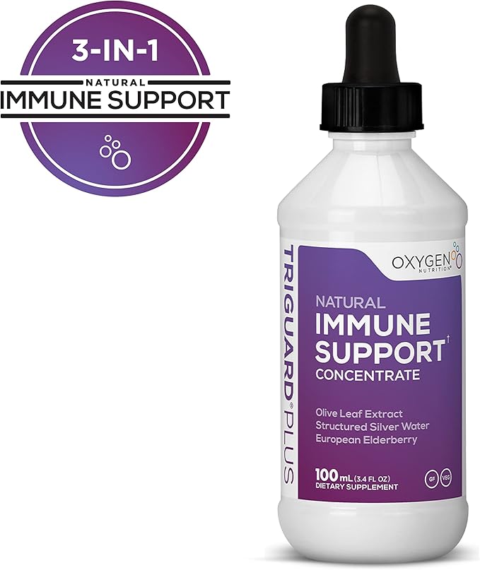 Triguard Plus Concentrate | Colloidal Silver Sambucus Elderberry Extract &amp Olive Leaf Extract 3-in-1 Liquid Immune Support | Powerful Immune System Booster | Great Taste - 3.4oz / 100ml Made in