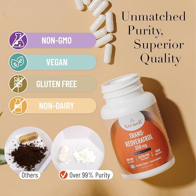 Arcwell Ultra Pure &gt99% Trans-Resveratrol 250 mg per Capsule - 60 Vegetable Capsules | High Potency Antioxidant | Highly Bioavailable