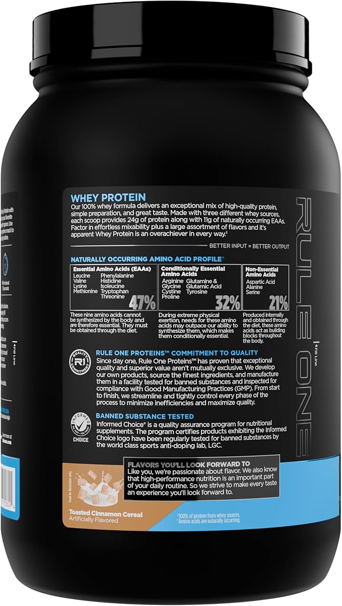 Rule 1 Whey Protein – 24g Fast-Acting Protein from All-Whey Sources with Naturally Occurring EAAs &amp BCAAs for Workout Recovery or Anytime Use (2 Pounds* Toasted Cinnamon Cereal)