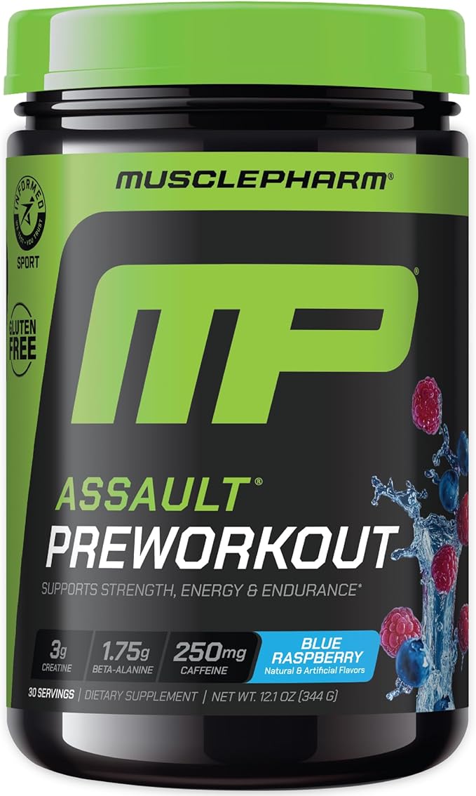 Muscle Pharm Combat 4lb Chocolate Protein and MusclePharm Assault Blue Raspberry Pre-Workout