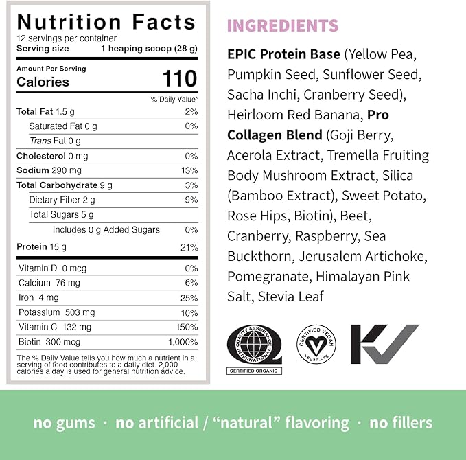 Sprout Living Epic Protein Plant Based Protein &amp Superfoods Powder Pro Collagen Berry | 15 Grams Organic Protein Powder Vegan Non Dairy Non-GMO Gluten Free Low Sugar (0.7 Pound 12 Serving