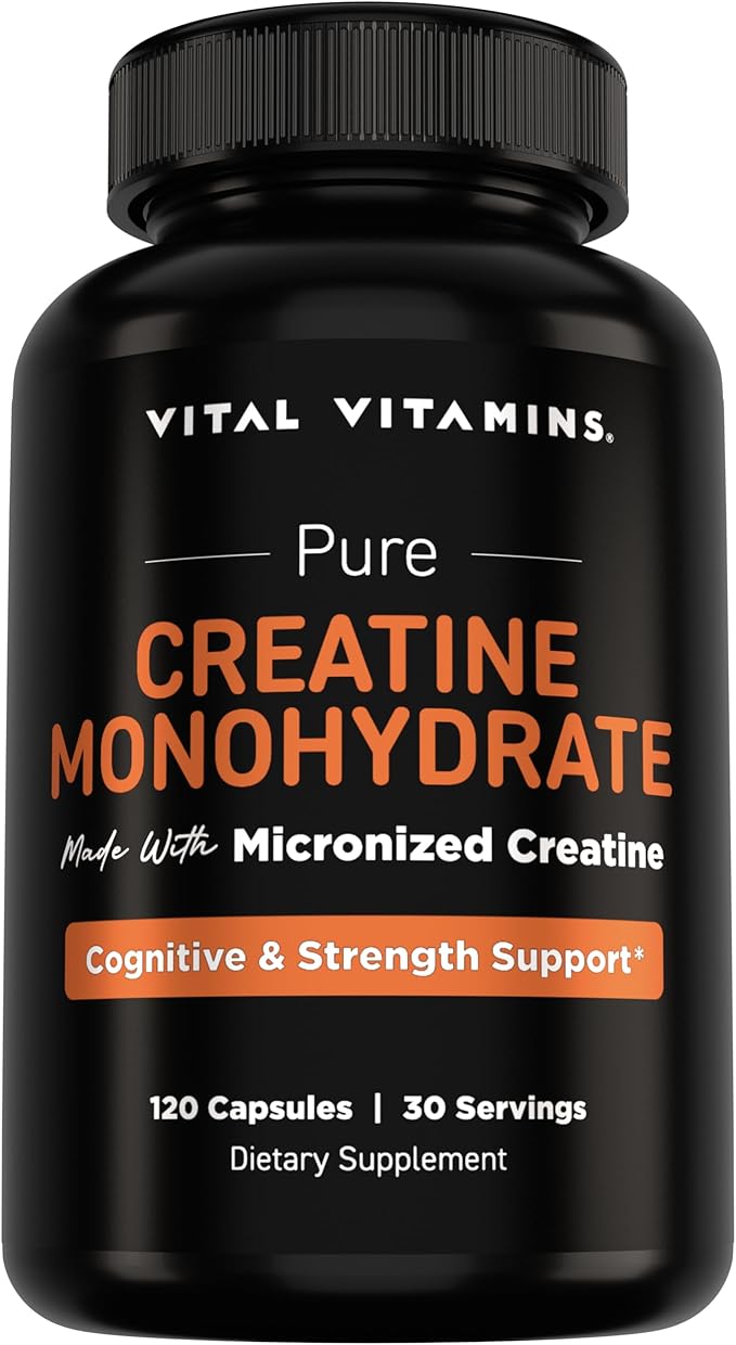 Vital Vitamins Creatine Monohydrate Pills for Women &amp Men - Micronized Creatine Capsules - Cognitive Strength Recovery Support - 3g (3000mg) per Serving - Vegan Non-GMO 120 Count