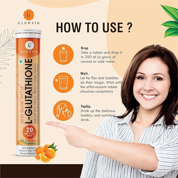 Glowsik Glutathione Effervescent Tablets for Skin Health 600mg Glutathione Reduced with Vitamin C for Lightening Antioxidants Supplements for Glowing Skin Health Orange Flavour (4 Orange)