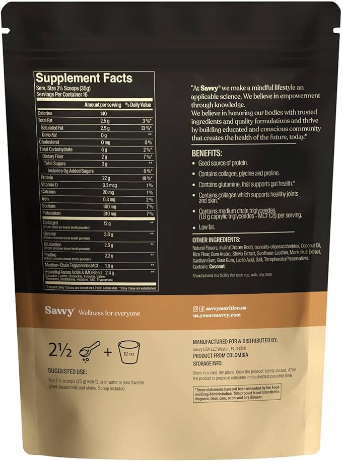 SAVVY Bone Broth Power Vanilla Protein Powder 22g Protein 12g Collagen &amp Recharge Electrolyte Powder Sugar Free Conscious Hydration Drink with Sodium Magnesium Potassium Glycine Lemon Flavo