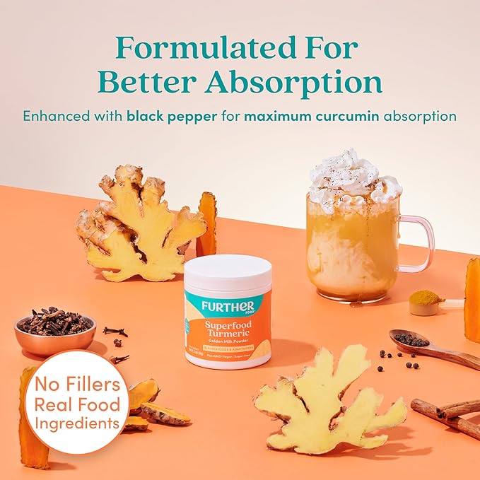 Further Food Superfood Turmeric Root Powder - Maximum Absorption Natural Immune Booster Golden Milk Blend Sugar Free Keto Vegan Non-GMO 6.35 Oz