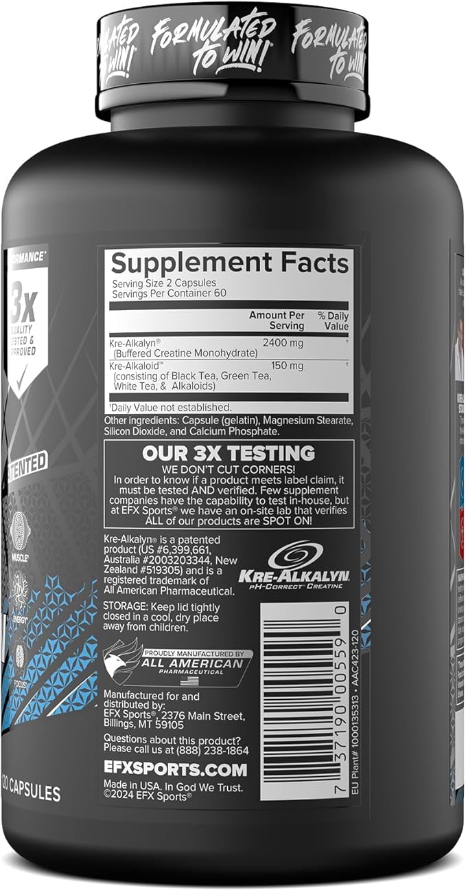 EFX Sports Kre-Alkalyn Pro | pH Correct Creatine Monohydrate Pill Supplement | Muscle Building Pre Workout for Men &amp Women | 60 Servings 120 Capsules