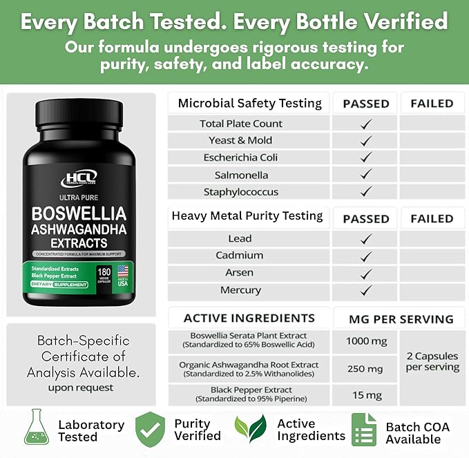 Boswellia Extract and Ashwagandha Capsules 2000 mg - Strong Natural Support Pills 3 Month Supply - Consentrated Boswellia Serrata 65% Boswellic Acid with Ashwagandha Powder Supplement