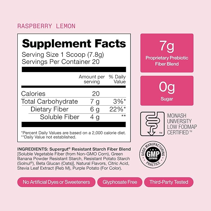 Supergut GLP1 Daily Support - Raspberry Lemon - High Fiber GLP-1 Supplement Powder for Women &amp Men - Sugar-Free Drink Mix for Gut Health &amp Digestive Support (18 Servings)