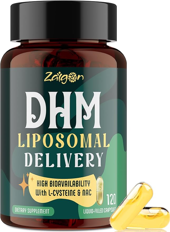 Zaigon Liposomal DHM Supplements 1000mg dihydromyricetin with l-cysteine Milk Thistle Electrolytes Ginger NAC L-Theanine &amp Vitamin B for Recovery After Drinking &amp Liver Support 120 Caps