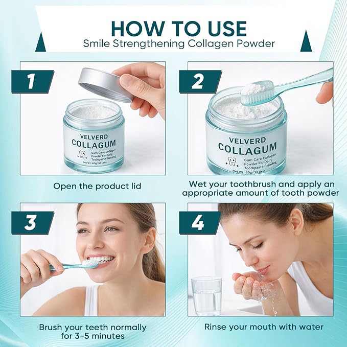 Velverdo Collagen Powder Collagum Collagen Powder for Gums Hydroxyapatite Toothpaste Powder for Teeth and Gums Natural Ingredients Gentle Cleaning of Teeth