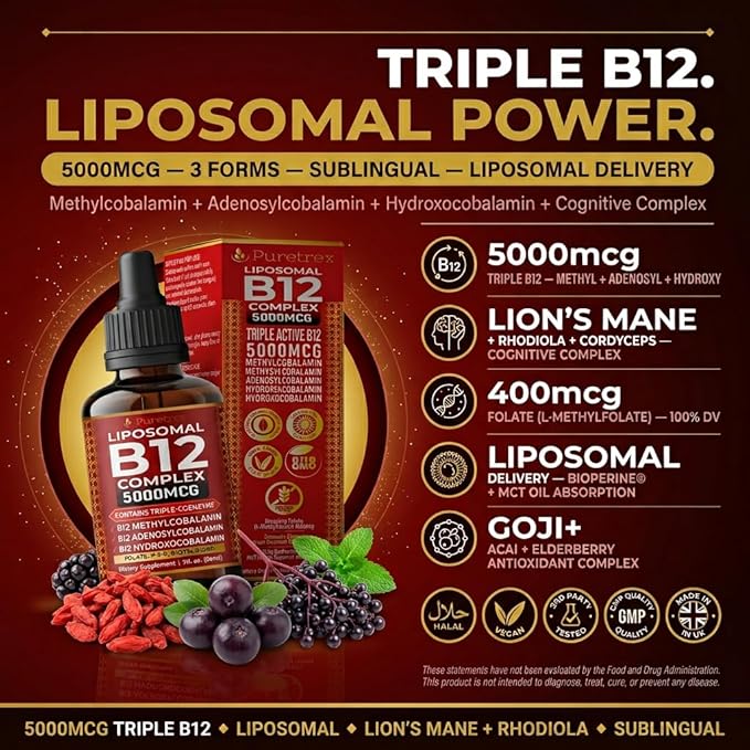 Liposomal B12 Triple Active Complex 5000mcg Liquid Drops Methylcobalamin B12 with Folate Liposomal Liquid Formula Easy Daily Use