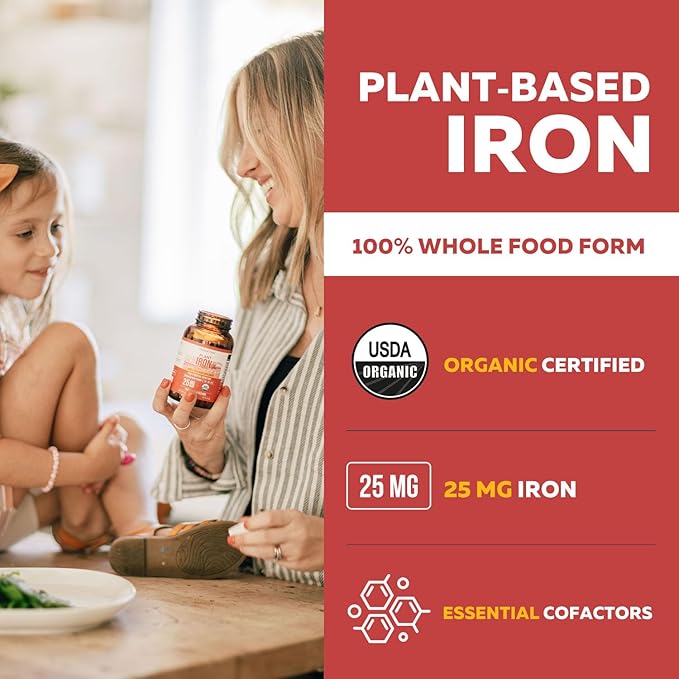 Organic Iron Supplement | Whole Food Mineral &amp Cofactors 25 mg Elemental | Enhanced Absorption Plus Blood Health Vitamins – Gentle Form – Supports Healthy Levels &amp Blood Health – 90 Capsules