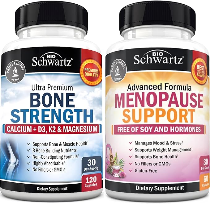 BioSchwartz Herbal Menopause Supplement with Black Cohosh (1 Month Supply) Plus Bone Strength Mineral Supplement with Calcium and Magnesium (1 Month Supply)