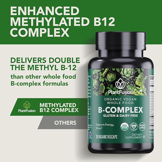 PlantFusion Organic Vitamin B-Complex Vegan Whole Food Supplement for Energy &amp Metabolism Methylated B12 Guava Lemon &amp Basil Non-GMO Gluten-Free - 30 Capsules