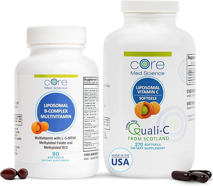 Core Med Science Liposomal Vitamin B-Complex &amp Vitamin C 1000mg Soft Gels Bundle for Heart Health &amp Immune System