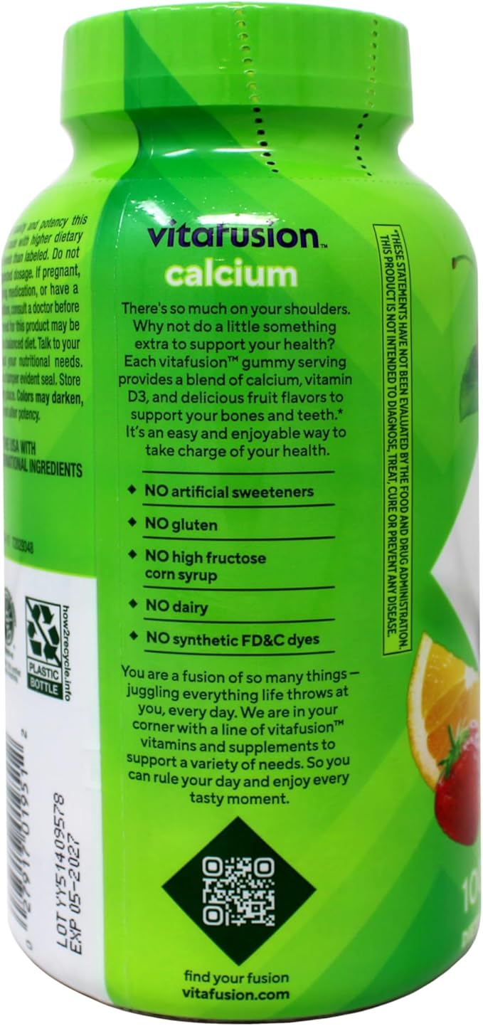 VitaFusion Calcium 500 mg Dietary Supplement Gummies Natural Fruit and Cream Flavors - 100 ct Pack of 2