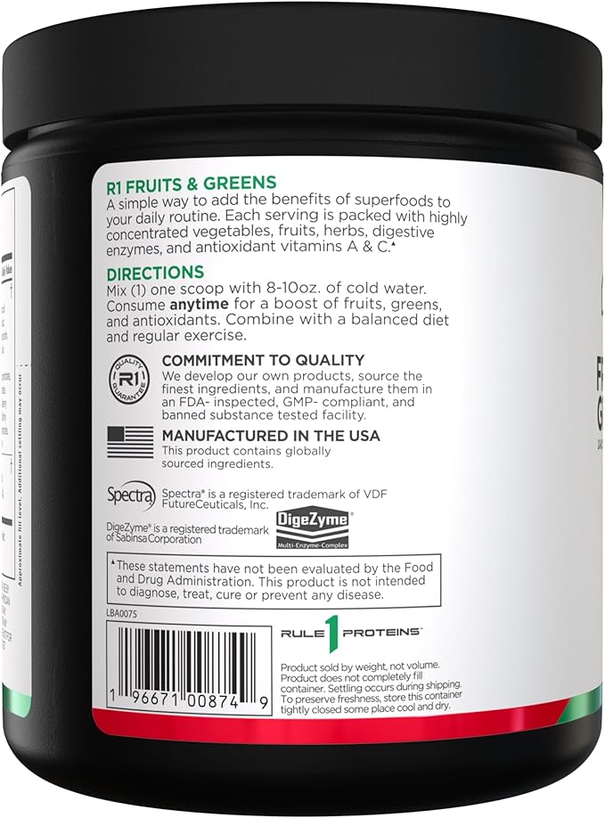 Rule 1 Proteins Fruits &amp Greens Powder - 40+ Active Ingredients Including 4g Fruit &amp Vegetable Concentrates + 2g Prebiotic Fiber for Daily Wellness (30 Servings Mixed Berry)