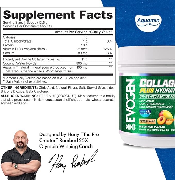 Evogen Collagen Plus Hydration - Grass-Fed Collagen for Women &amp Men | Collagen Peptides Powder | Collagen Powder Supporting Skin Vitality Hydration Joint &amp Tissue Health | Peach Mango | 30 S