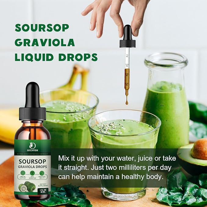 Soursop Graviola Bitters Liquid Drops Soursop Extract Organic Pure Rich in Multivitamin for Natural Antioxidant Cell Support &amp Regeneration Immune Boost 4 Fl OZ - 60 Day Vegan Supply