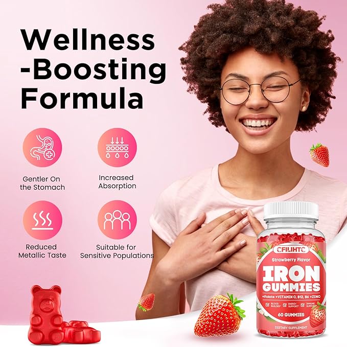 2 Pack Iron Gummies for Adults &amp Kids Iron Supplement Strawberry Blueberry Flavor