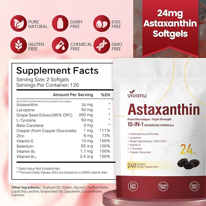 VivoNu Astaxanthin 24mg – Powerful Antioxidant Support for Skin Eyes &amp Immune System – 10-in-1 Formula with Lycopene Grape Seed Vitamin E &amp Zinc – Triple Strength 720 Softgels 3 Bag