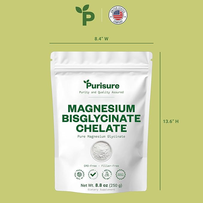 Purisure Magnesium Bisglycinate Chelate 250g Pure Magnesium Glycinate Powder for Bones Magnesium Bisglycinate Chelate for Sleep and Muscle Flexibility Gluten-Free Non-GMO 133 Servings