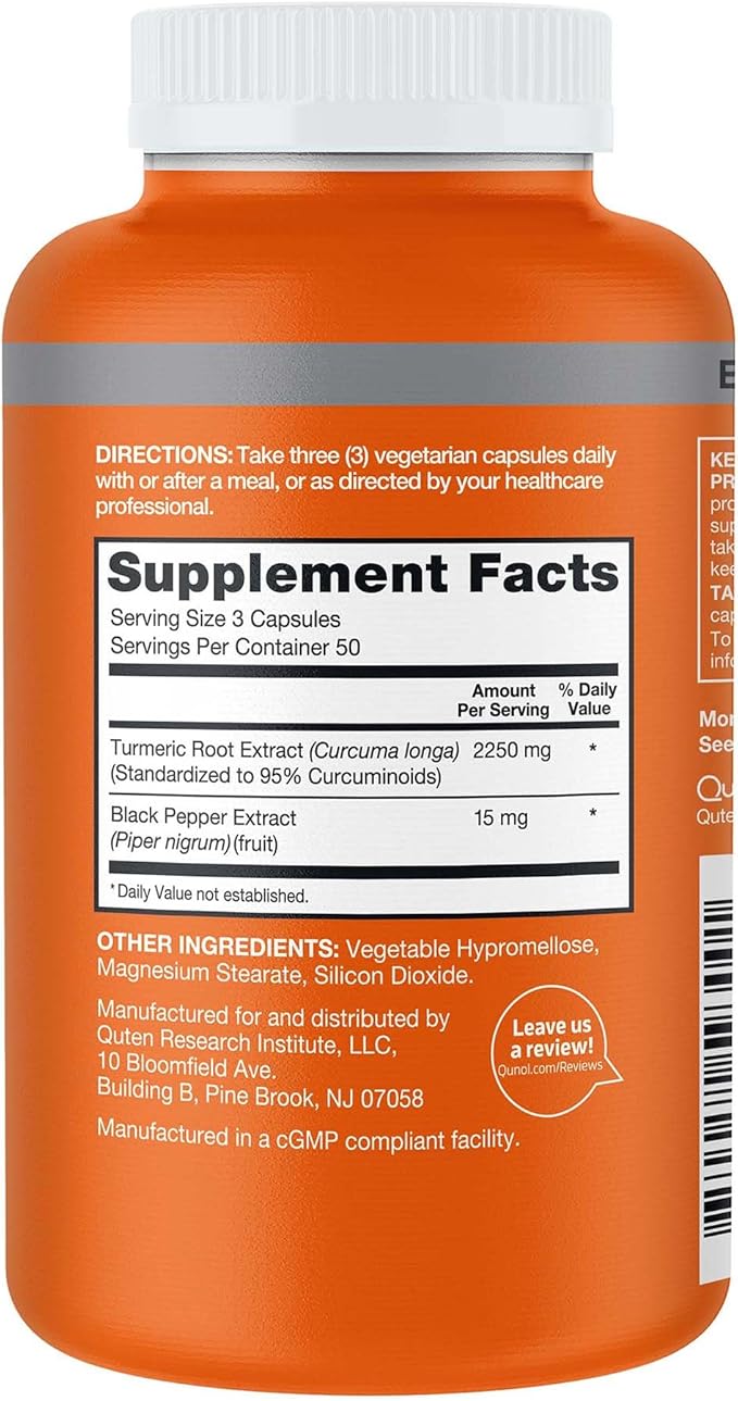 Qunol Turmeric Curcumin with Black Pepper 2250mg Turmeric Extract with 95% Curcuminoids Extra Strength Turmeric Supplement Enhanced Absorption Joint Support Supplement 150 Vegetarian Capsules