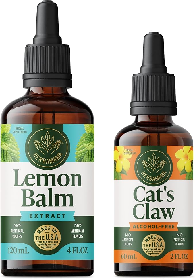 HERBAMAMA Herbal Liquid Drops Kit - Bundle of Lemon Balm 4 fl oz &amp Cat's Claw Tincture 2 fl oz - Vegan Non-GMO Sugar &amp Alcohol-Free - 2 Pack