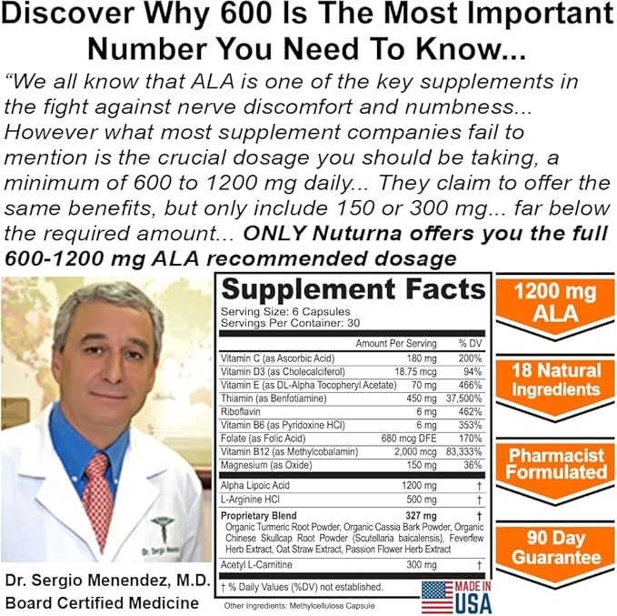 Neuroturna Support Supplement with 1200 mg Pure Alpha Lipoic Acid - Maximum Strength Formula with ALA + Vitamins + Minerals + Herbs - Best Natural Support - 180 Capsules
