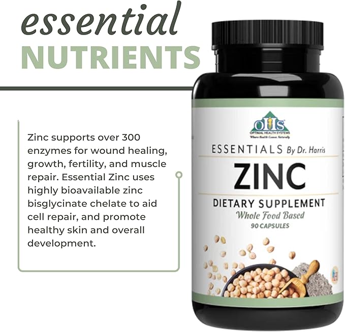 Optimal Health Systems Essential Zinc | Chelated Zinc Bisglycinate for Cellular Skin &amp Immune Support – Vegetarian Non-GMO Gluten &amp Dairy Free – 90 Capsules