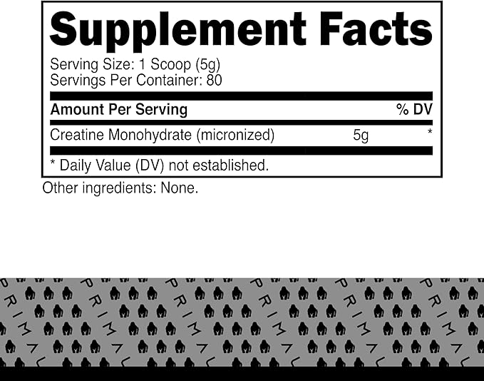 Primal Creatine Monohydrate Powder (400 Grams) | Unflavored Micronized Creatine Muscle Development Supplement for Pre-Workout &amp Recovery | 5g Creatine Monohydrate per Serving