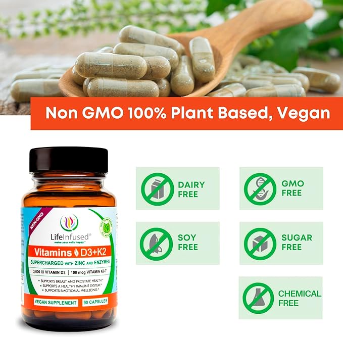 Life Infused Vitamin D3 + K2 Supplement with Zinc &amp Enzymes — 3000 IU D3 MK-7 K2 Immune &amp Bone Support Enhanced Absorption Non-GMO Vegan Capsules 90 Count