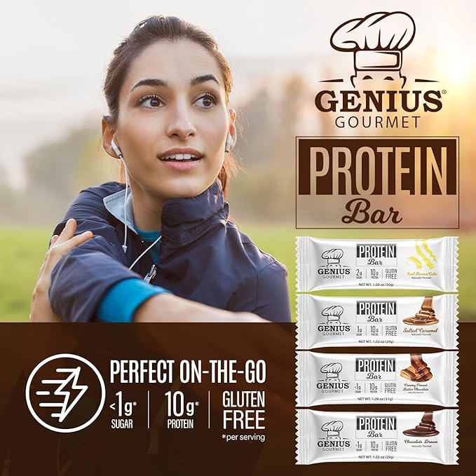 Genius Gourmet Protein Bar Chocolate Dream Keto Snack Low Carb Low Sugar &amp Gluten Free Protein Snacks for Adults 10G of Whey Protein per Protein Bar 5 Net Carbs 20 Count