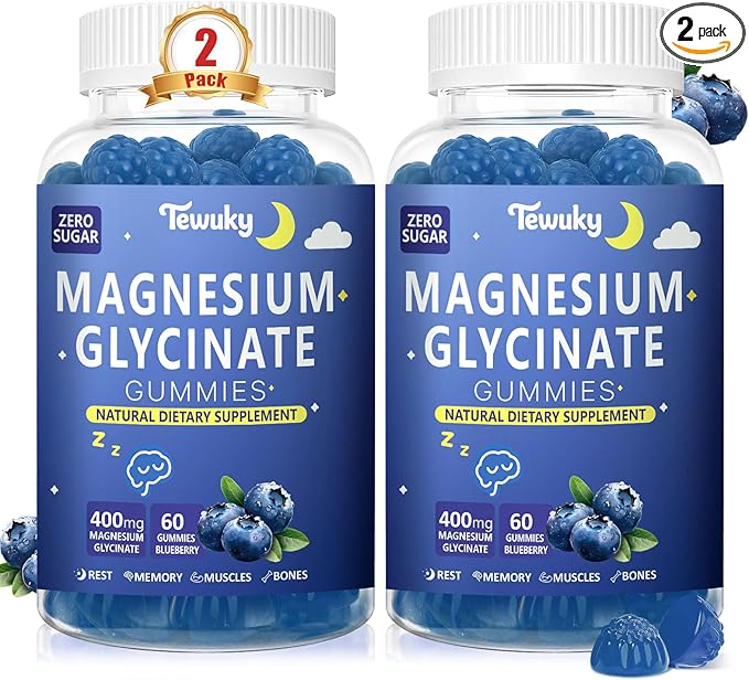 Magnesium Glycinate Gummies 400mg - Sugar Free Vegan Gummies for Adults &amp Kids with Vitamin D3 B6 C CoQ10 Collagen Zinc - Sleep Muscle Bone &amp Memory Support - 60 Blueberry Chewables / 2