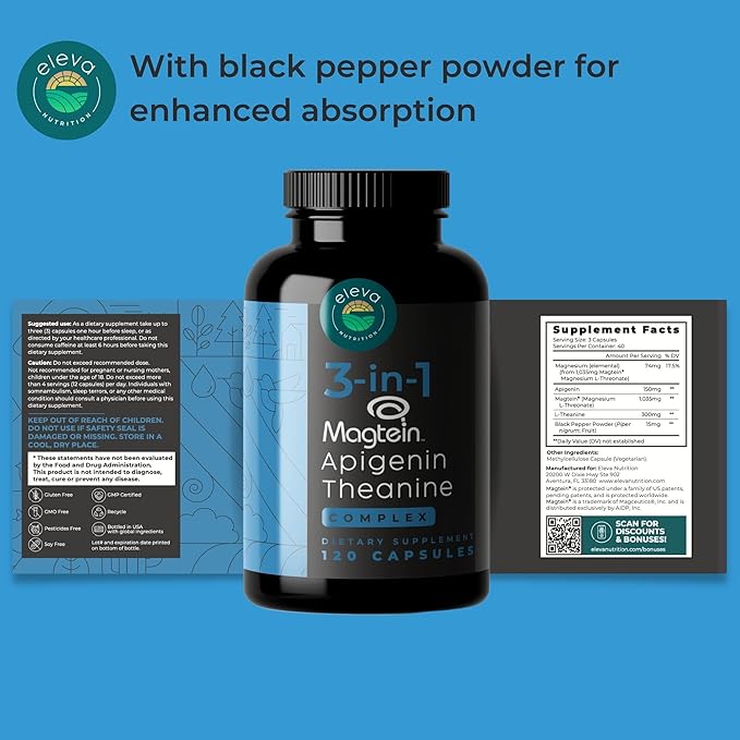 Magnesium Theanine L-Threonate Apigenin Supplement for Sleep Aid-3- in-1 Complex Supplement Support Relaxation- Melatonin-Free Magnesium- Zero Fillers- Gluten Free &amp Non-GMO-120 Count Veggie Capsu