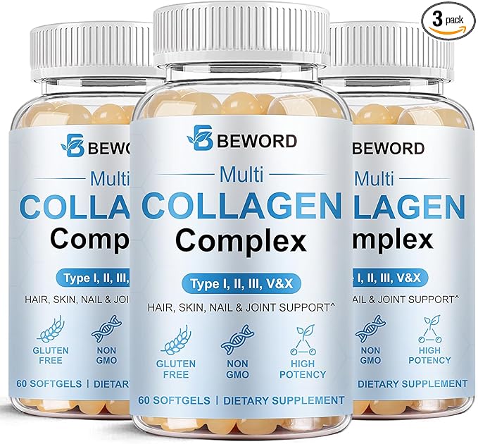Multi Collagen Softgels for Women &amp Men 180 Capsules - Type IIIIIIVX Hydrolyzed Collagen w/Vitamin C &amp Hyaluronic Acid - Supports Skin Hair Nails Joints - Grass-Fed Non-GMO 3 Pack