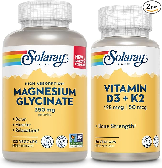 SOLARAY Magnesium Glycinate and Vitamin D3 K2 Bundle - High Absorption Chelated Magnesium Bisglycinate and 5000 IU Vitamin D - 120 VegCaps (30 Servings) of Magnesium 60 VegCaps (60 Servings) of D3 K2