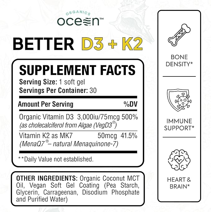 Organics Ocean Better D3 + K2-100% Organic VIT D3 and K2 Supplements with Maximum Bioavailability - Supports Bone Density Calcium Balance Immunity &amp Mood - 1-Pack 30-Day Supply