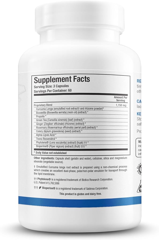 BIOTICS RESEARCH KappArest™ Turmeric Capsules Supplement - Curcuma Curcumin Boswellia Propolis Ginger 1150mg/Svg Supporting Ease Comfort &amp Non-Swelling Antioxidant High Absorption 180 Capsu